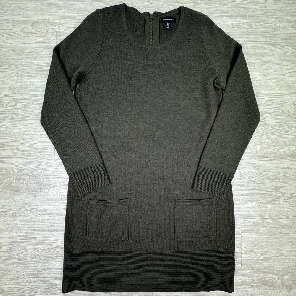 Adrienne Vittadini Women Sweater Dress Olive Green Large Merino Wool Pockets